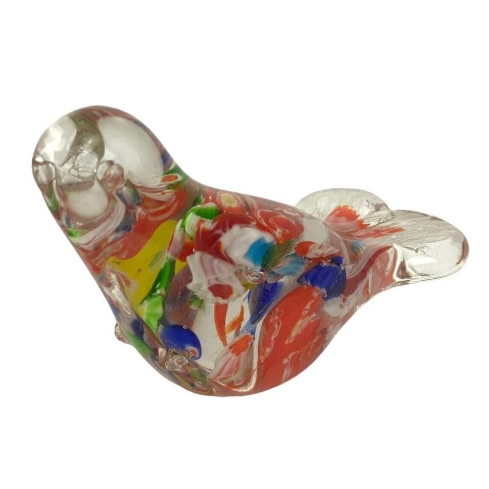 Art Glass Bird Figurine Orange Multicolor Paperweight Shelf Decor